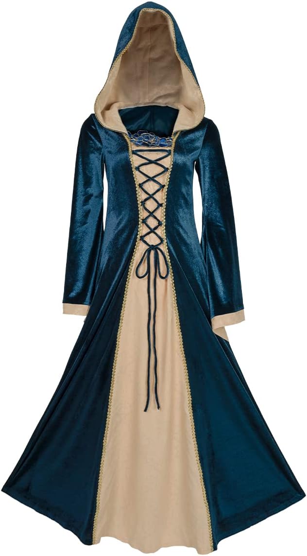 Oiefeen Women's Medieval Renaissance Clothing Hooded Velvet Queen Dress Long Dress Halloween Costume - Image 6
