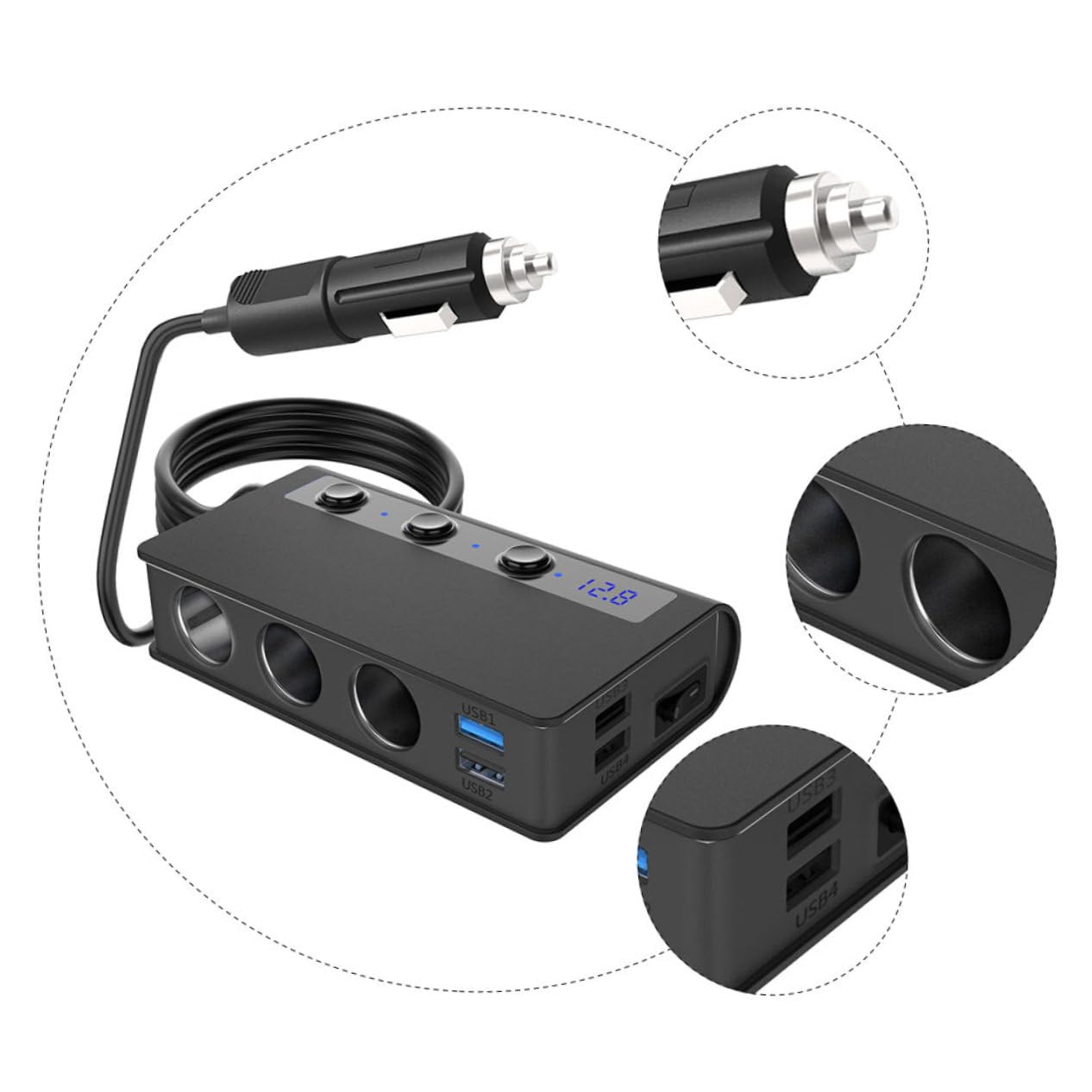 POPETPOP Cargador de Coche con USB y Salidas de Mechero Adaptador de Divisor con Indicador LED y Función de Monitoreo de Voltaje para Dispositivos Móviles y Accesorios de Coche