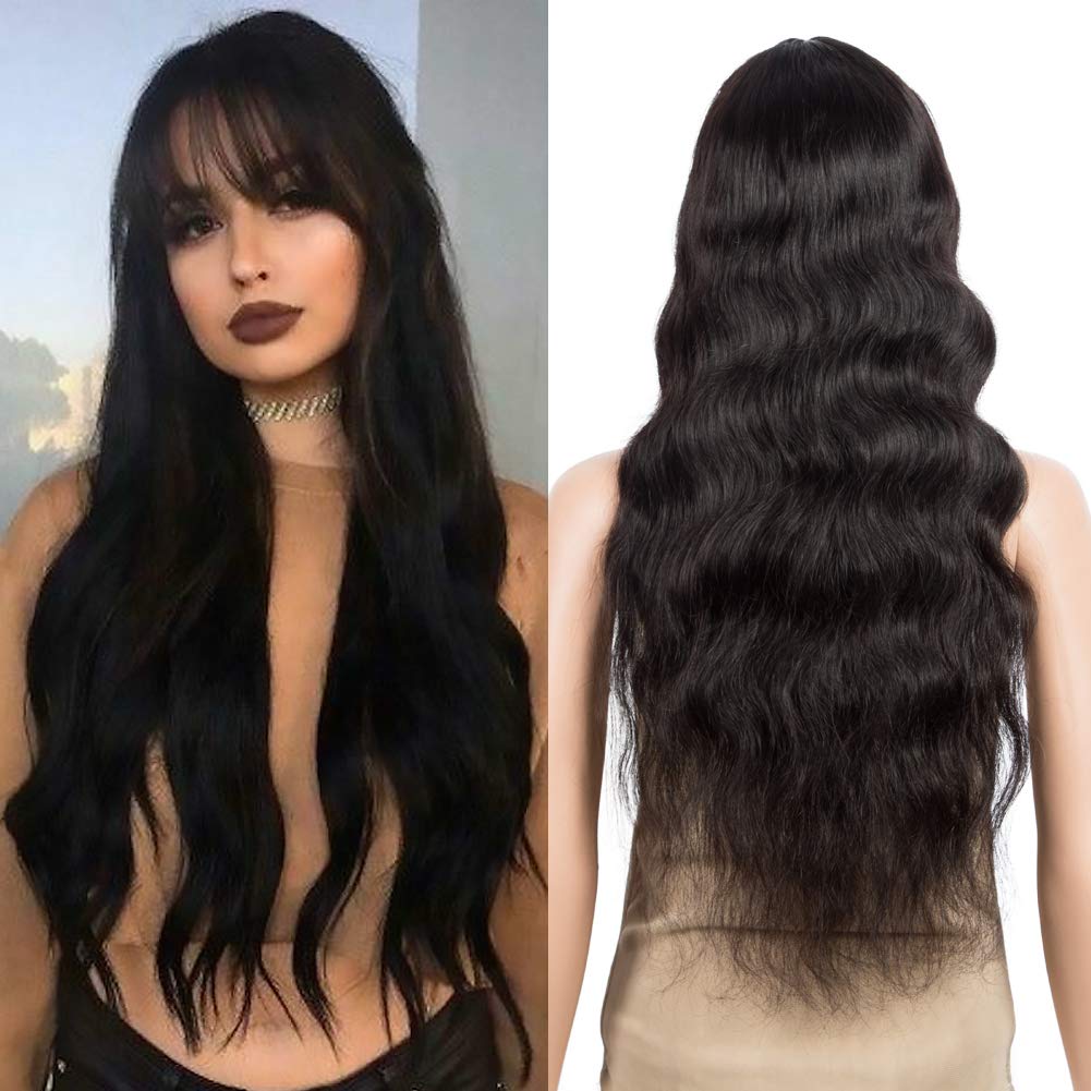 DÃƒâ€°BUT Human Hair Wigs for Black Women Body Wave Wigs with Bangs 10A Unprocessed Brazilian Virgin Remy Hair 150% Density (24 inches, Natural Black)