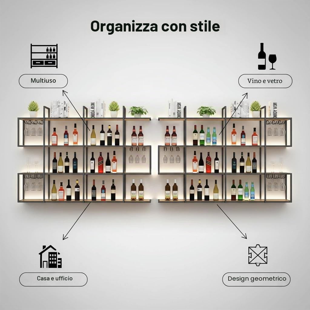 120CM Portabottiglie da parete con luce a LED, portabottiglie da parete in metallo a 4 ripiani con ripiani, industriale per la decorazione di bar e sala da pranzo (Black, 47.2IN)