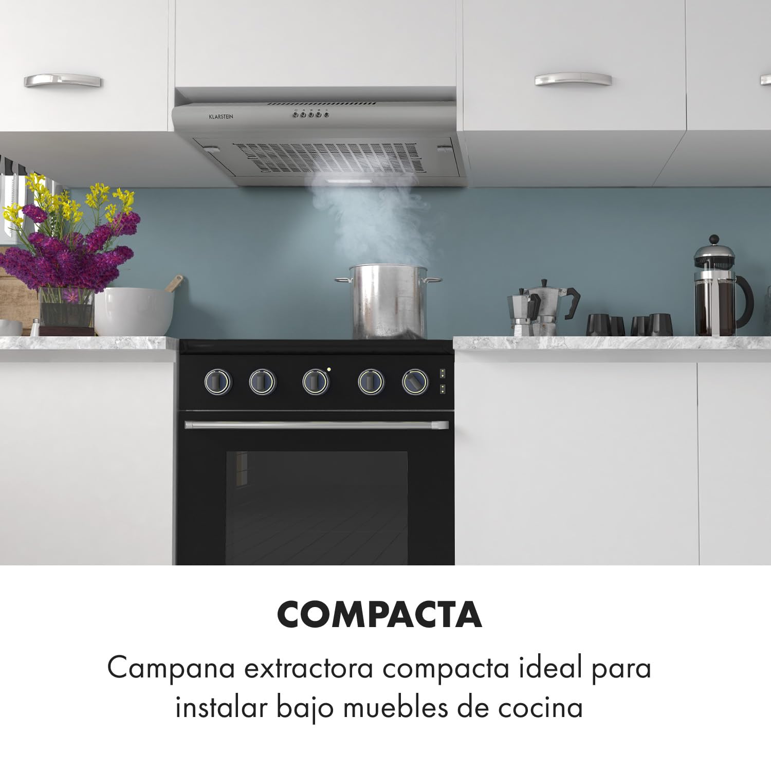 Klarstein Capannina - Campana extractora encastrable, Potencia extracción 166m³/h, 60cm, 3 potencias, EEC C, Panel de control, Filtro grasa de aluminio, Iluminación LED, Acero inoxidable, Plateado