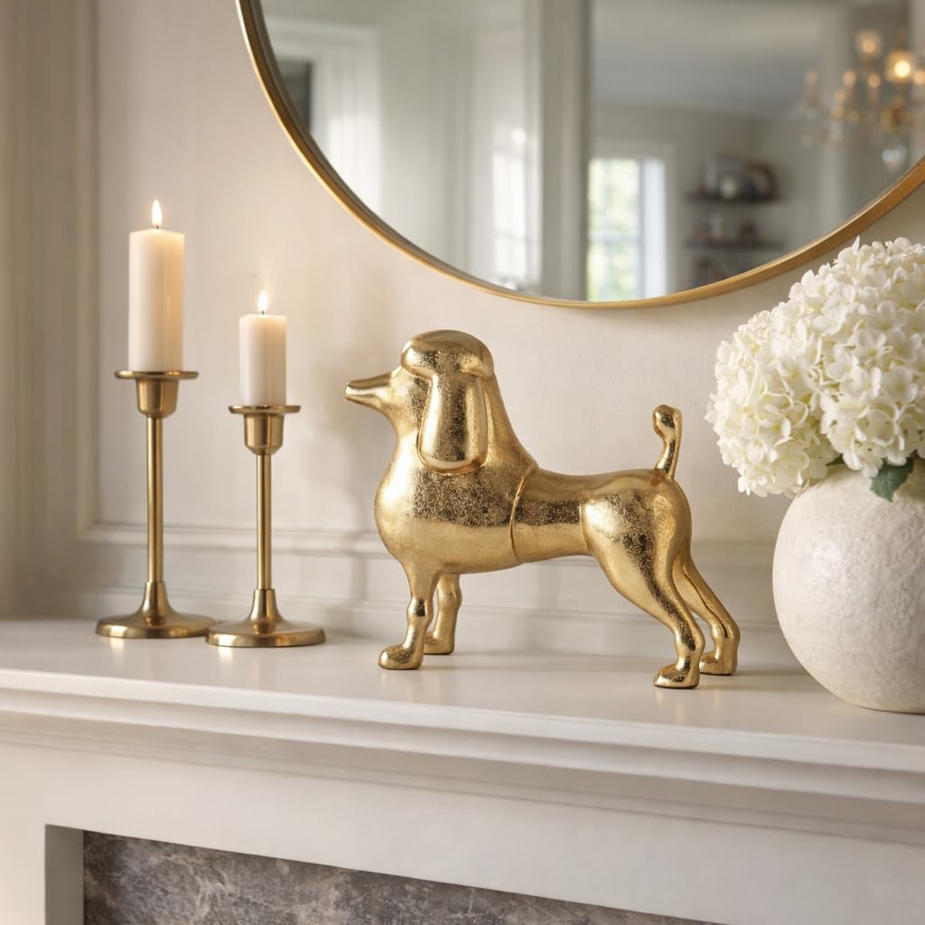 Dog Figurine Home Decor Sculpture Ornament - Modern Poodle Statue Accent for Shelf and Coffee Table Feature - Decorative Metal Art for Living Room, Bathroom or Room Display - 10", Gold & Metallic