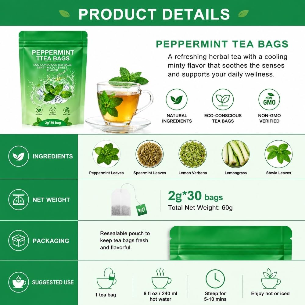 Ballerina Mint Detox Tea Delikatne oczyszczanie i wsparcie dla sierści | Organiczna miętowa herbata ziołowa zapewniająca świeży oddech(3pcs)