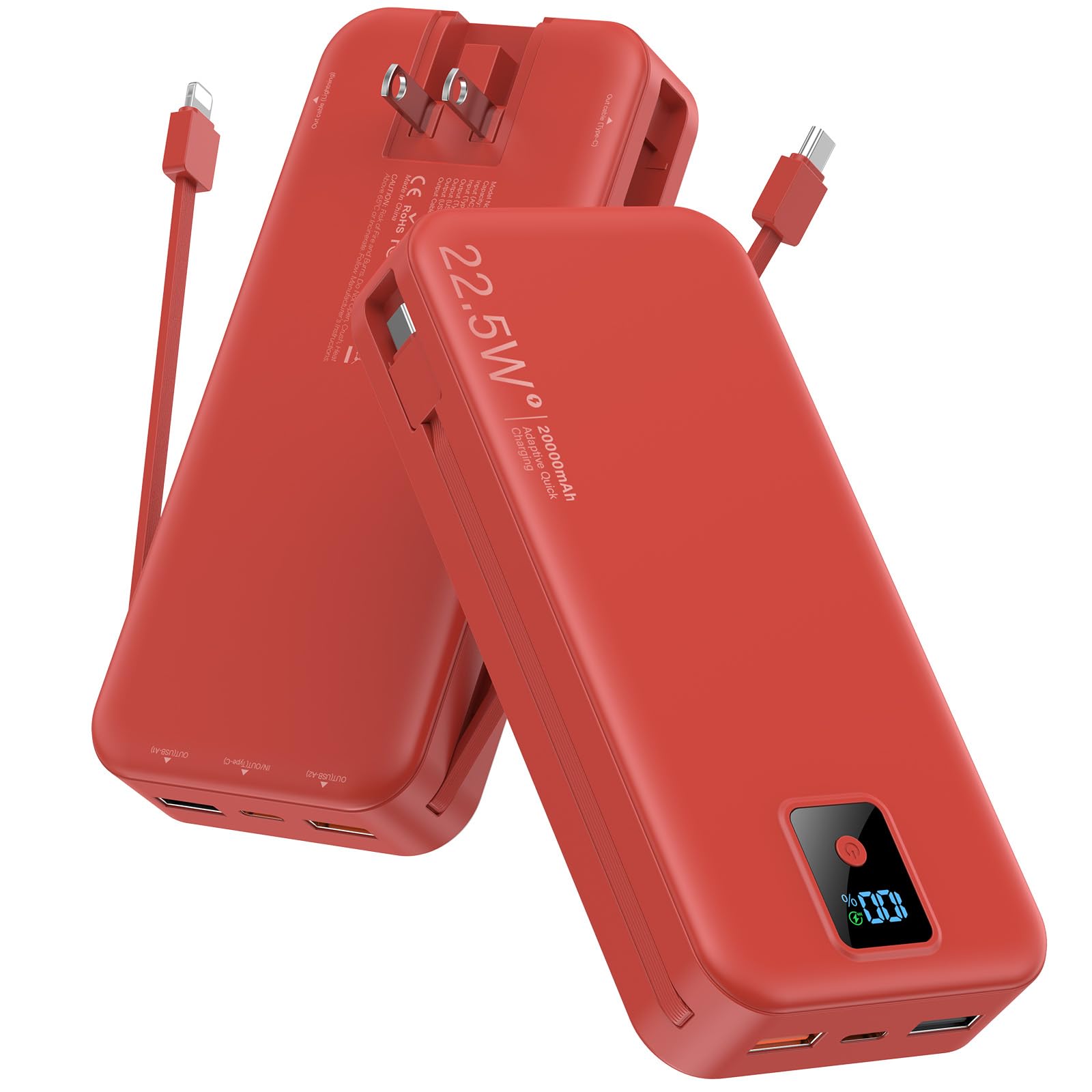 Cargador portátil, 20.000 mAh, 22.5 W, batería de carga rápida con cables integrados y enchufe de pared, paquete de batería esencial de viaje con pantalla LED, cargador de teléfono USB C para iPhone