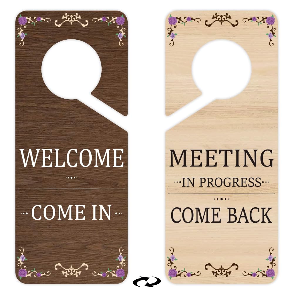 PRESSINART 2Pcs Meeting in Progress Door Sign 9 x 4 Inch Please Come In Door Hanger Vintage Design PVC Double Sided Notice Plaques for Office Therapist Dorm Business Online Meeting Commercial Home Use โ image 1