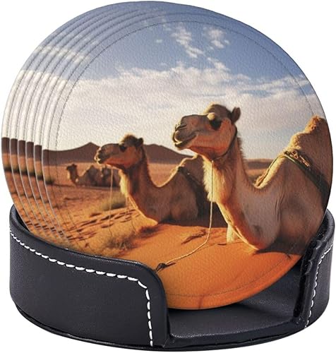 Miniatura 6 de Camels Rest Desert Printing Coasters for Drinks Set of 6 Leather Drink Coasters Round Cup Mat Pad Durable and Non Slip Leather Coaster for Home