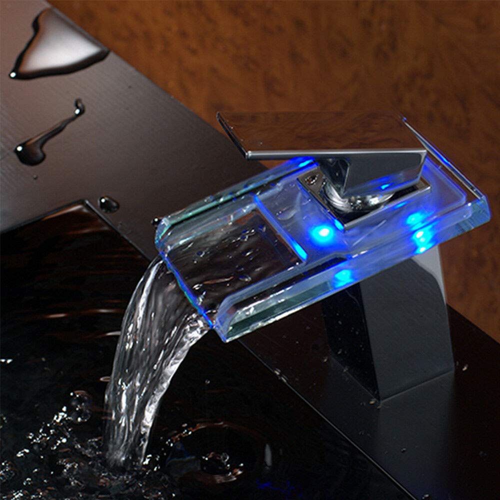 Robinet de Lavabo à LED Cascade avec 3 Couleurs de Changement de Couleur RVB pour Salle de Bain