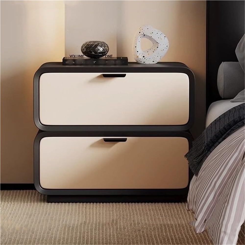 with 2 Drawers Cream Two-Tone Bedside Table Faux Leather and Solid Wood Frame Storage Cabinet End for Bedroom Living Room or Office(Black,17.7x15.7x18.9in)