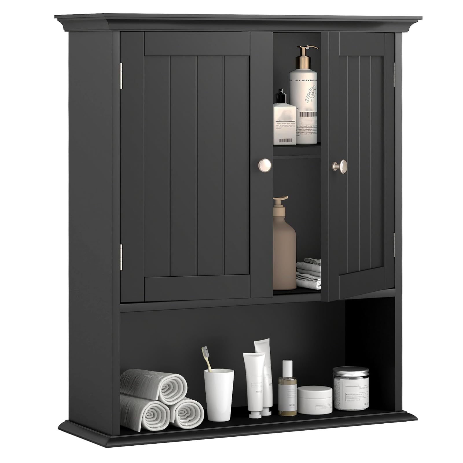 COSTWAY Bathroom Wall Cabinet, Wooden Storage Cupboard with Double Door, Adjustable Shelf and Compartment, Wall Mounted Medicine Cabinet for Living Room Kitchen Hallway (with Metal Handles, Black)