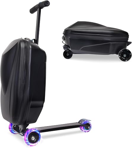 20" Scooter Suitcase for Kids, 2-in-1 Ride On Luggage with Wheels for Boys & Girls Ages 4-15, Foldable Hardshell Carry On Lightweight Travel Suitcase for Airplane, BLACK, With Led