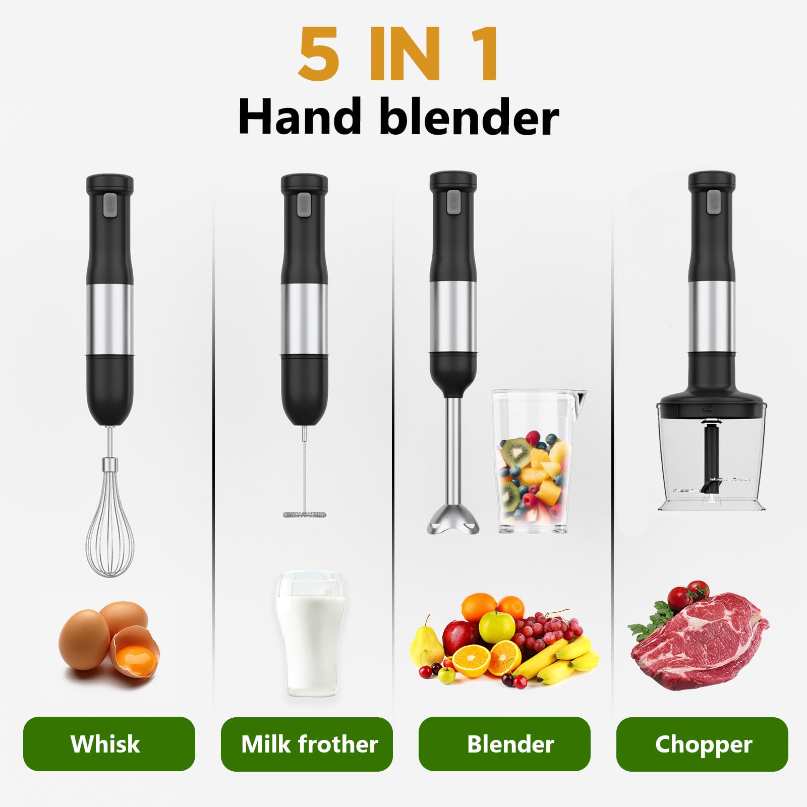 Frullatore a immersione senza fili, frullatore portatile 5 in 1 a velocità variabile, ricaricabile con batteria da 2000 mAh, senza BPA e lavabile in lavastoviglie. Accessori: bicchiere da 700 ml