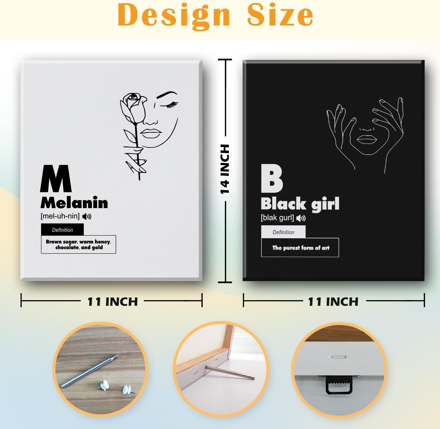 JINYO Melanin Black Girl Canvas Wall Art Framed, Black and White Abstract Minimalist Line African American Woman Poster Prints Wall Decor for Girls Bedroom Dorm, 11x14 Inch Set of 2