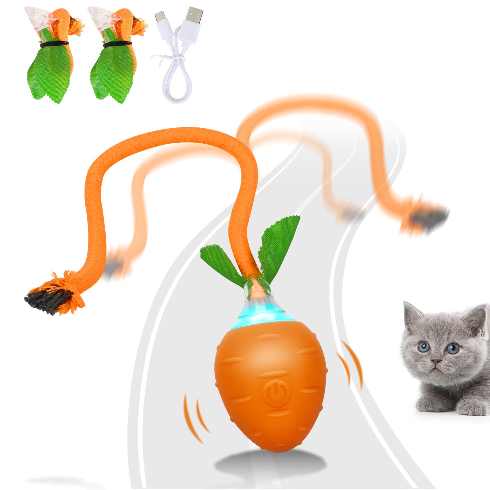 HAPPY HACHI Juguetes Gatos Interactivos, Juguete para Gato Recargable por USB, con 3 Cola de Pluma y LED de Colores Juego Gatos para Interior (Pelotas)