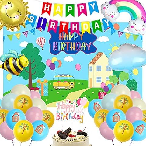 28PCS Birthday Backdrop Party Decoration, Large Happy Birthday Backdrop Banner Rainbow Foil Balloons Cartoon Tree House Balloon Happy Birthday Party for Kids Baby Shower Party Decoration(70 x 43Inch) Cover