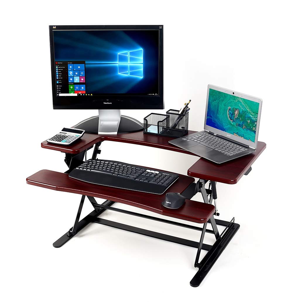 CHANKONG Standing Desk Converter, Height Adjustable Stand Up Desk Converter Table Topper Desk Riser, Adjustable Sitting Standing Laptop Desk Fits Dual Monitors Stand Riser Desk 90 * 63cm(Cherry)