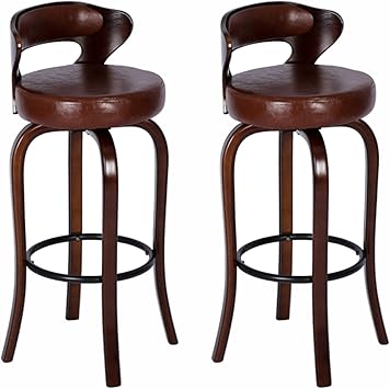 2 Pcs Swivel Barstools Solid Wood Dining Chairs with PU Leather Cushion and Metal Footrest for Kitchen Counter Cafes BistrosSize60 cm,ColorBrown