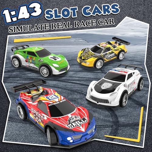 Image of Slot Car Race Track Sets with 4 Slot Cars, 2 in 1 Electric Race Car Track Include Slope Circular Overpass Track, Dual Racing Game Featuring Flash Tracks, Gifts Toys for Boys Kids Age 6 7 8-12
