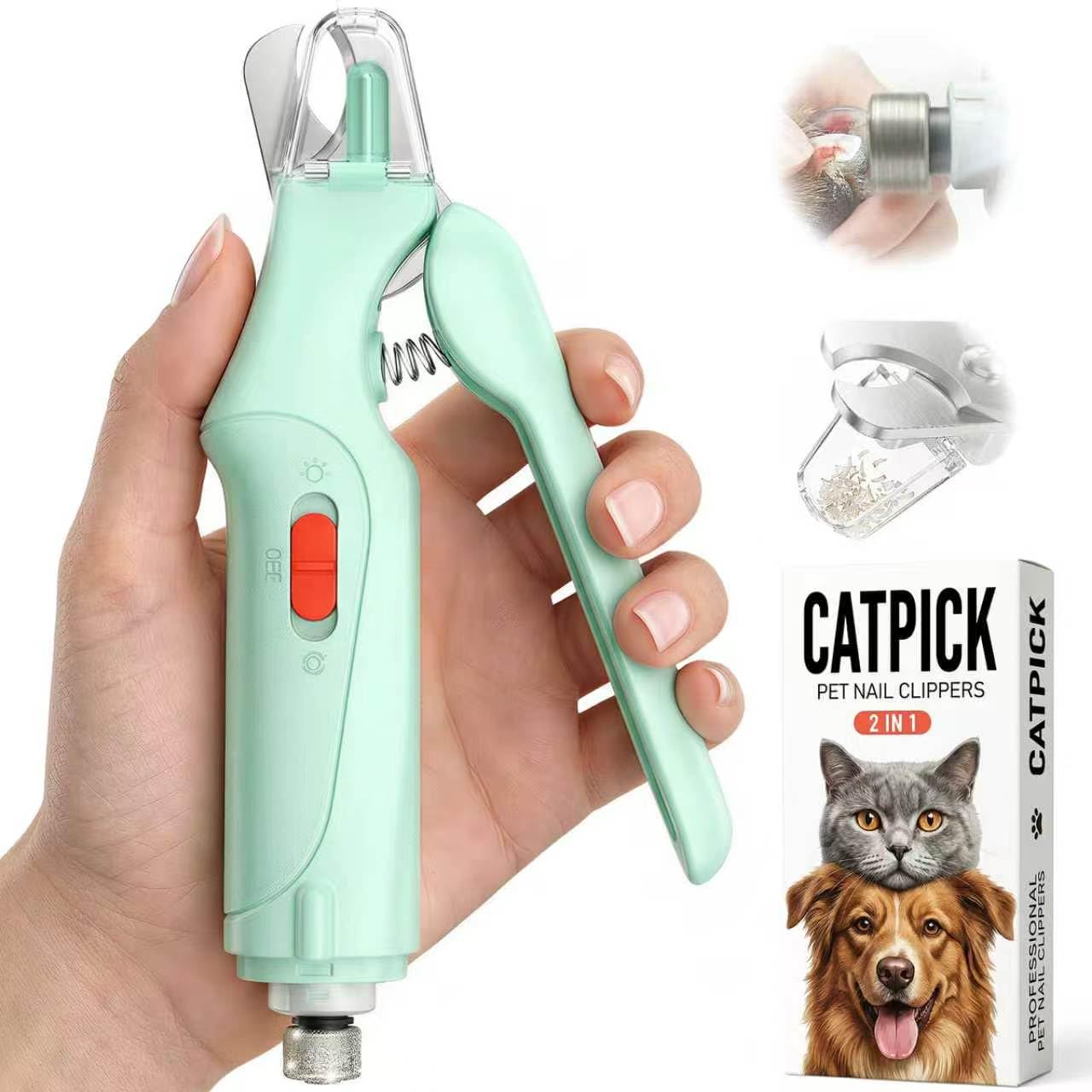 CATPICK Coupe-griffes 2 en 1 pour chat et chien de petite, moyenne et grande taille, capteur rapide et protection de sécurité, rechargeable par USB avec 2 lumières LED