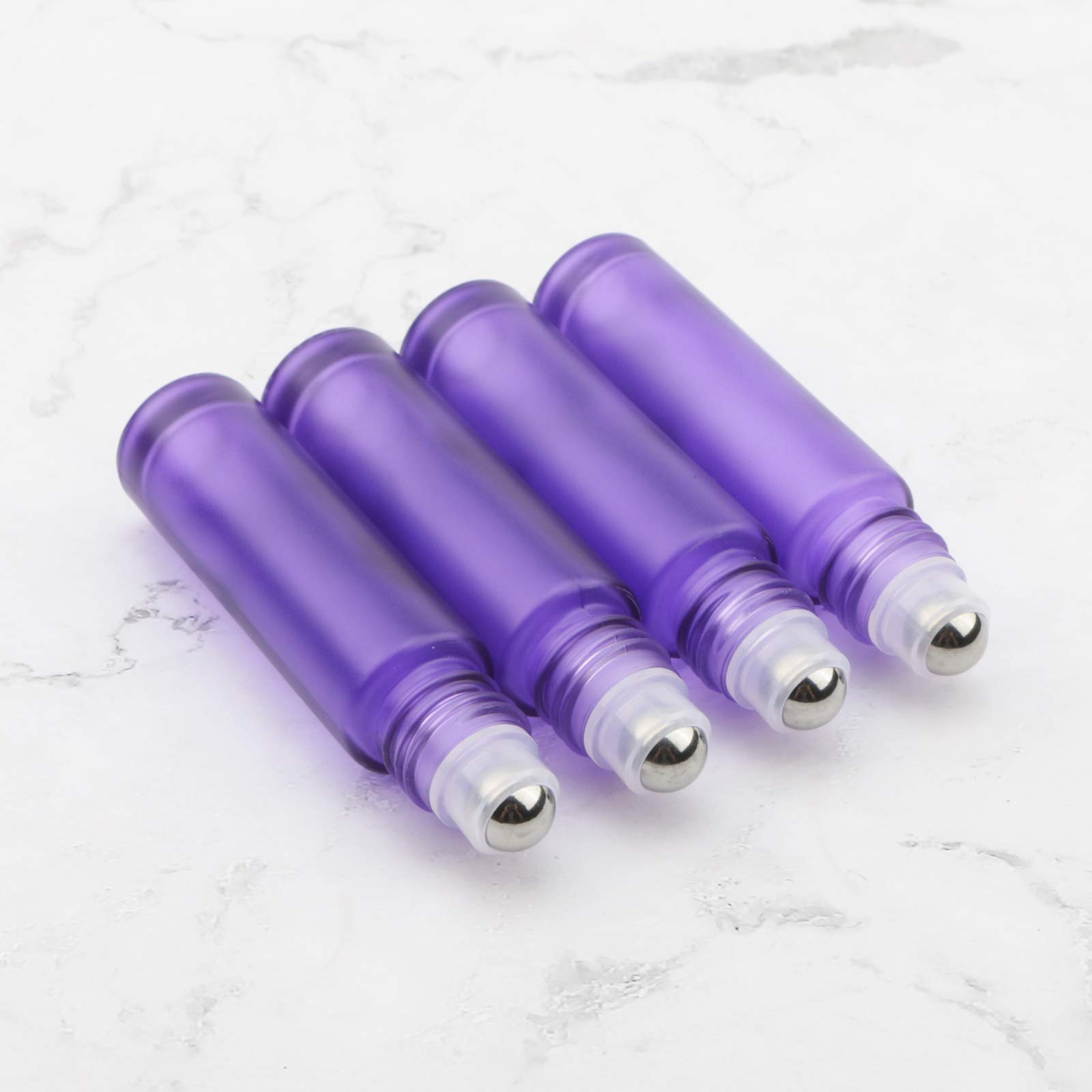 10 bottiglie in vetro smerigliato da 10 ml, a prova di perdite, con sfere in acciaio inossidabile e tappo a vite in alluminio anodizzato per oli di profumo e aromaterapia, Viola