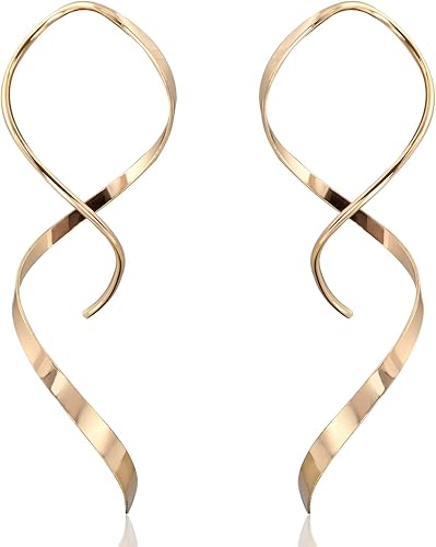 14K Gold Spiral Threader Earrings Hypoallergenic Gold Drop Earrings Twisted Curved Dangle Earrings Handmade Earrings Pull Through Earrings for Women