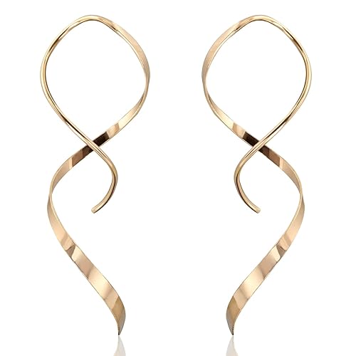 14K Gold Spiral Threader Earrings Hypoallergenic Gold Drop Earrings Twisted Curved Dangle Earrings Handmade Earrings Pull Through Earrings for Women