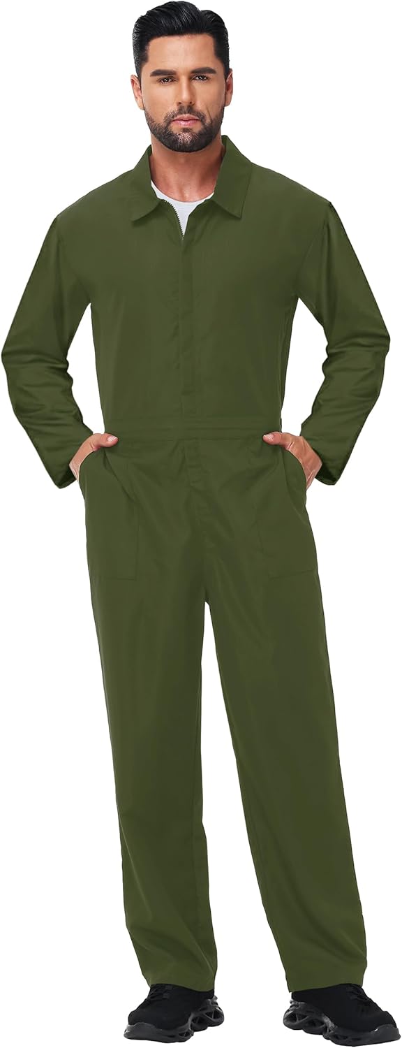 Men's Halloween Long Sleeve Zipper Jumpsuit Mechanic Work Costume Solid Color Coveralls
