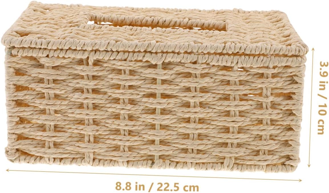 Woven Paper Rope Tissue Box Holder, Handmade Rattan Napkin Storage Basket, Beige Decorative Tissue Cover for Home Office Bathroom