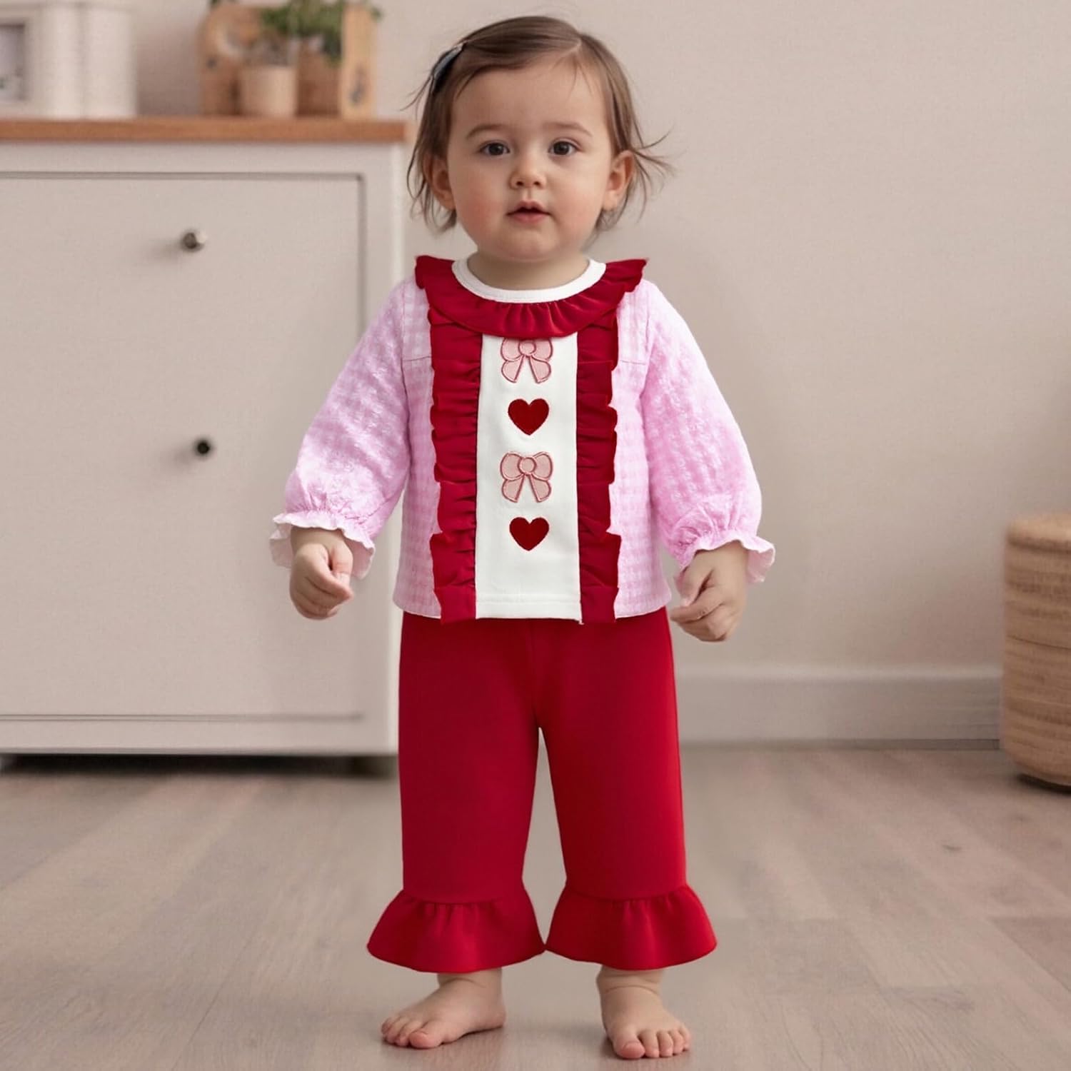 Toddler Girl Valentines Day Outfit Baby Heart Long Sleeve Ruffle T-shirt And Pants Cute Little Girls Spring Clothes - Image 2