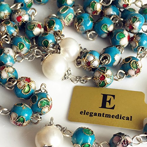 elegantmedical HANDMADE NICE Blue CLOISONNE & 10mm Pearl BEAD ROSARY NECKLACE Italy St.Benedict cross Box3