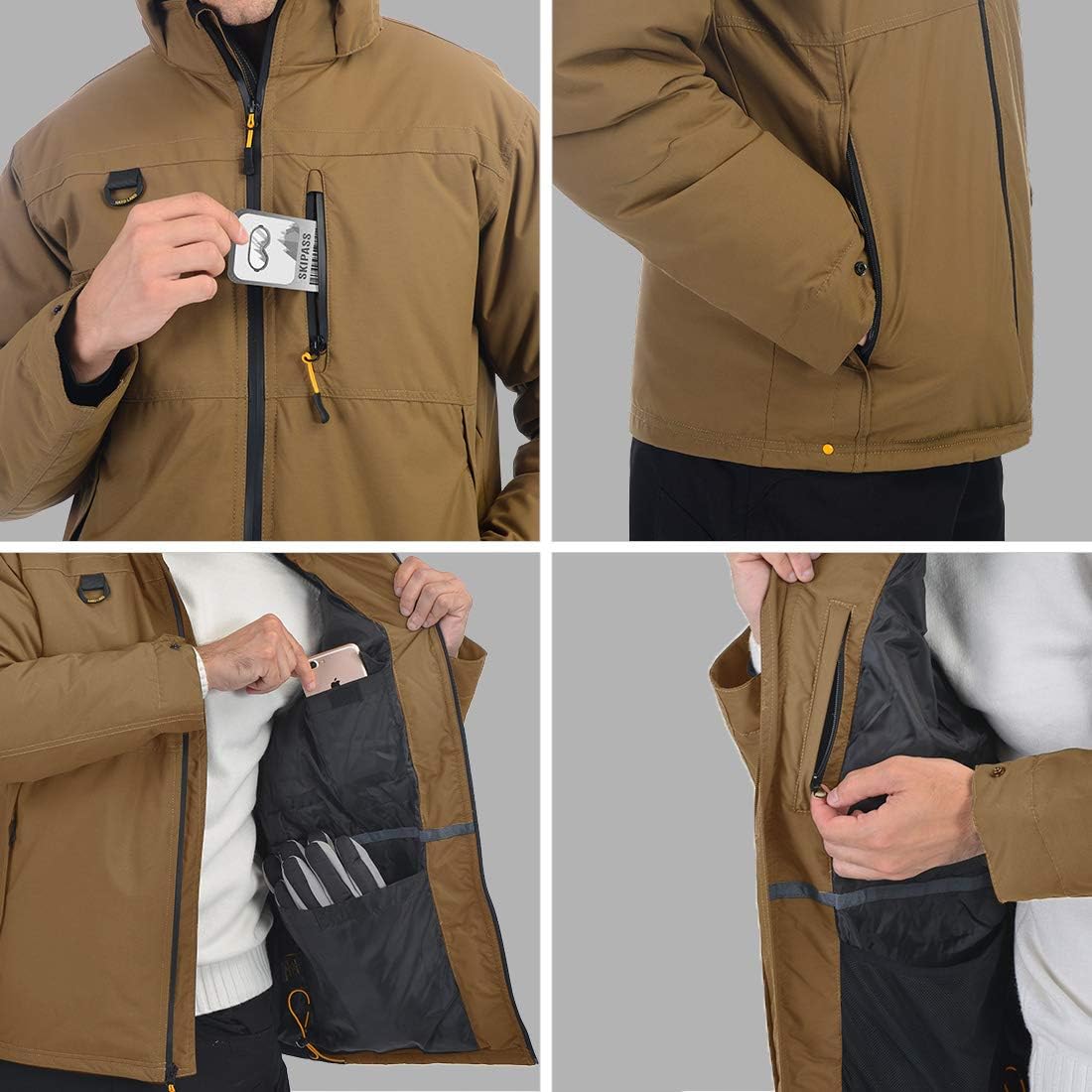 HARD LAND Men's Ski Jacket Down Insulated Waterproof Winter Jacket Windproof Snowboard Snow Coat Brown Size XXX-Large