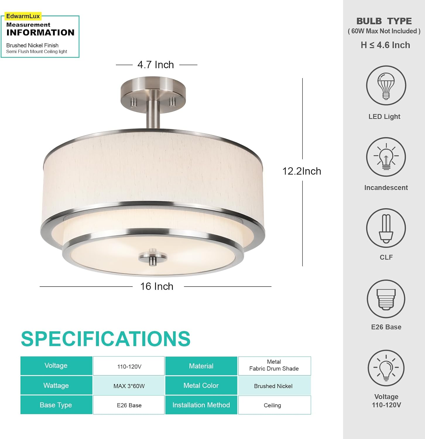 Edwarmlux 3-Light Semi Flush Mount Ceiling Light, 16" Drum Light with White Fabric Shade, Modern Close to Ceiling Lamp for Living Room Bedroom Dining Kitchen Hallway Entry (Brushed Nickel)