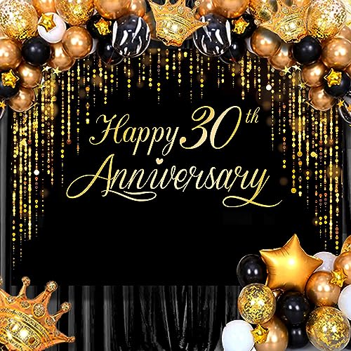 Image of Happy 30th Anniversary Banner - Black Gold Photography Poster for Wedding, Birthday Party Decoration