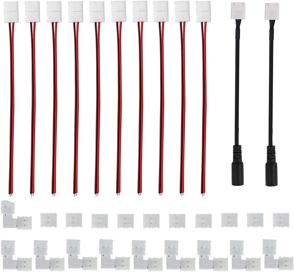 Fntek 3528 8mm 2 Pin LED Strip Connector Kit with 10x Strip Wire Solderless LED Strip Light Connectors, 10x L Shape 2 Pin Right Angle Corner Connector, 10x Strip to Strip Connectors, 2X DC Connector