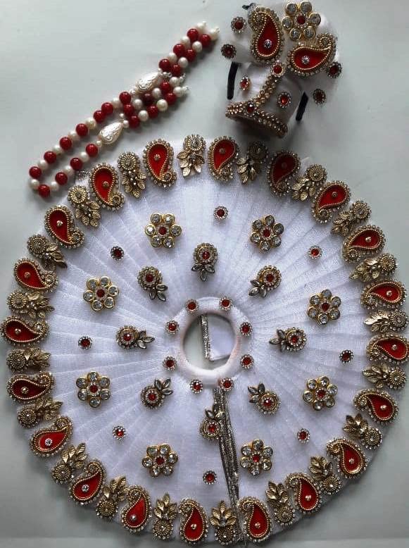 Laddu Gopal Heavy Designer Stonework Set (White) Dress WithSurprise (4 No, 8 Inch)