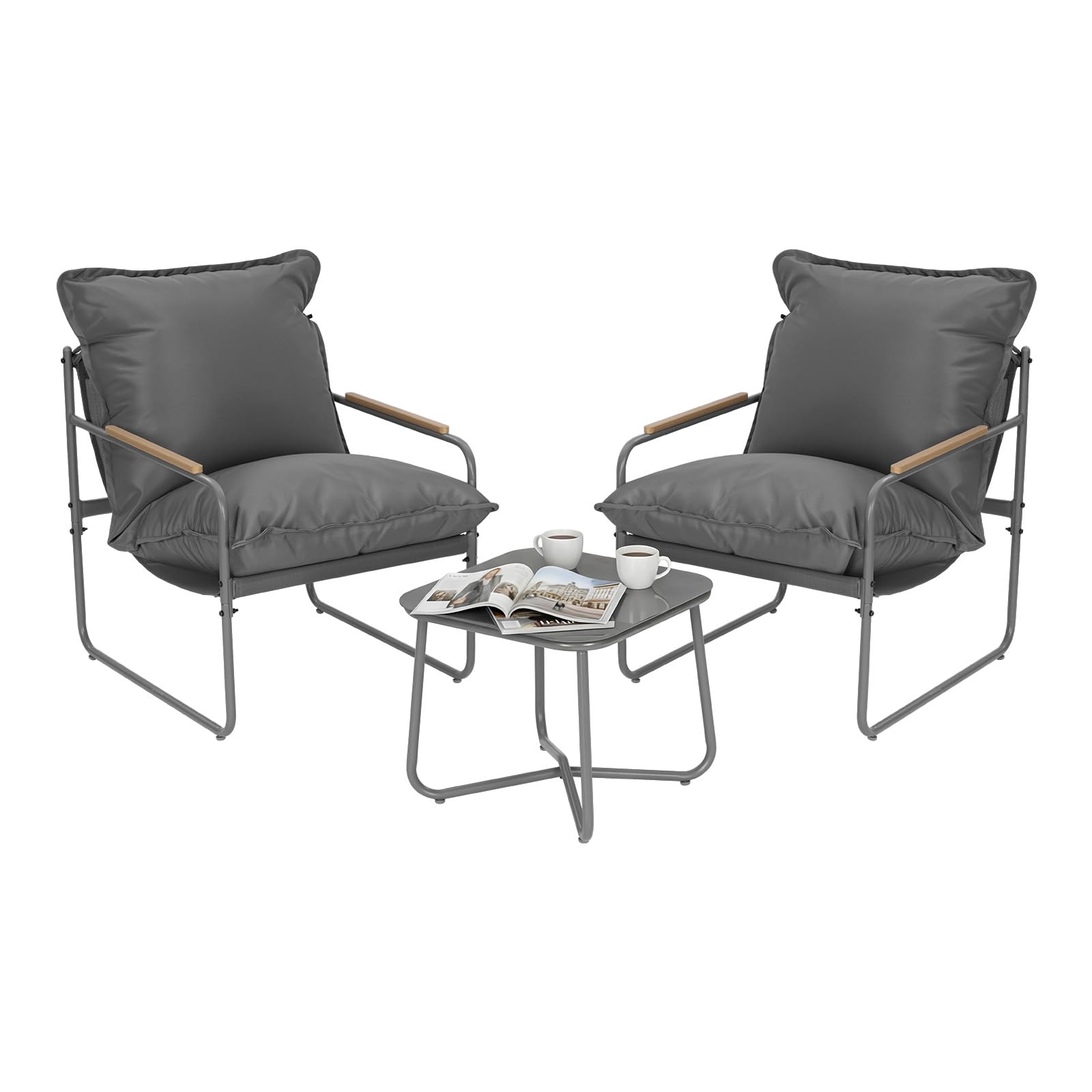 WOLTU Gartenmöbel Set 3-teilig 2 Sessel 1 Couchtisch und Kissen Balkonmöbel Metallrahmen 160kg Belastbarkeit Garten Balkon Möbel Klein Gartentisch mit 2 Stühlen, Grau