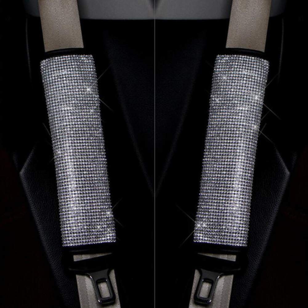 2 almohadillas para cinturón de seguridad con cristales brillantes, para cinturón de seguridad de coche, accesorios para decoración de coche para mujer