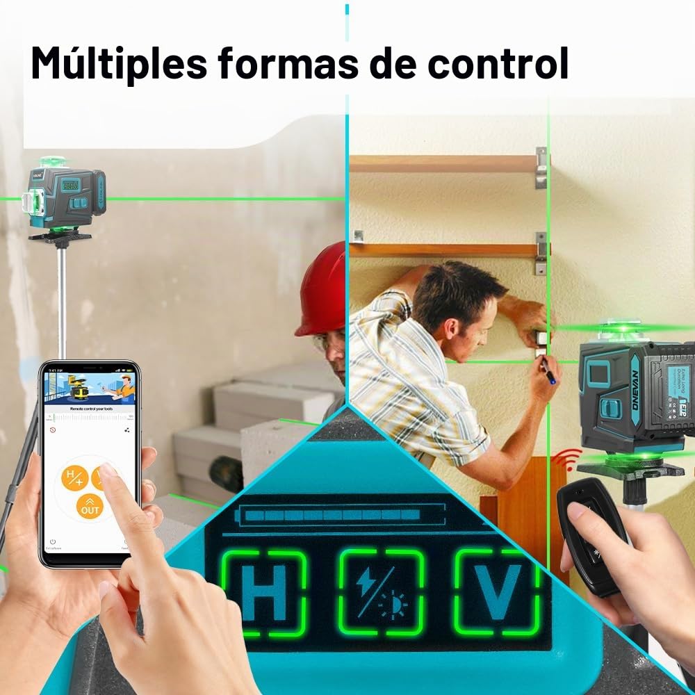 ONEVAN Nivel Láser con Trípode,4D x 360° Nivel Laser Autonivelante | App/30 m mando, 1m trípode ajustable, autonomía de 6-8 horas con dos baterías, pantalla LED,para Colocación/Azulejos/Reformas