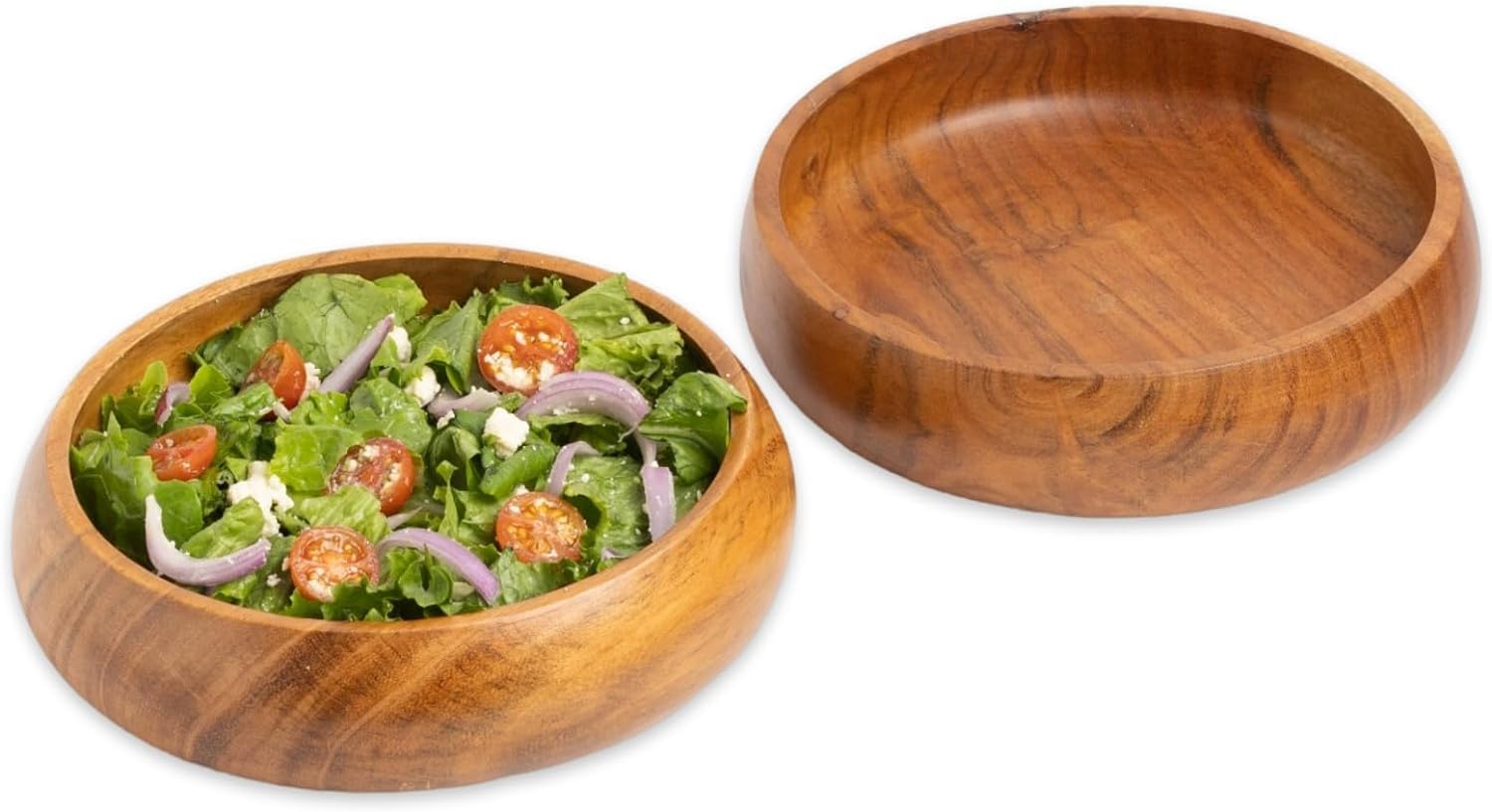 Lot de 2 bols à salade en bois d'acacia - Grands bols individuels de 20,3 x 5,1 cm (708,7 g) avec revêtement en bois de qualité alimentaire | Assiettes sans joint en bois pour aliments