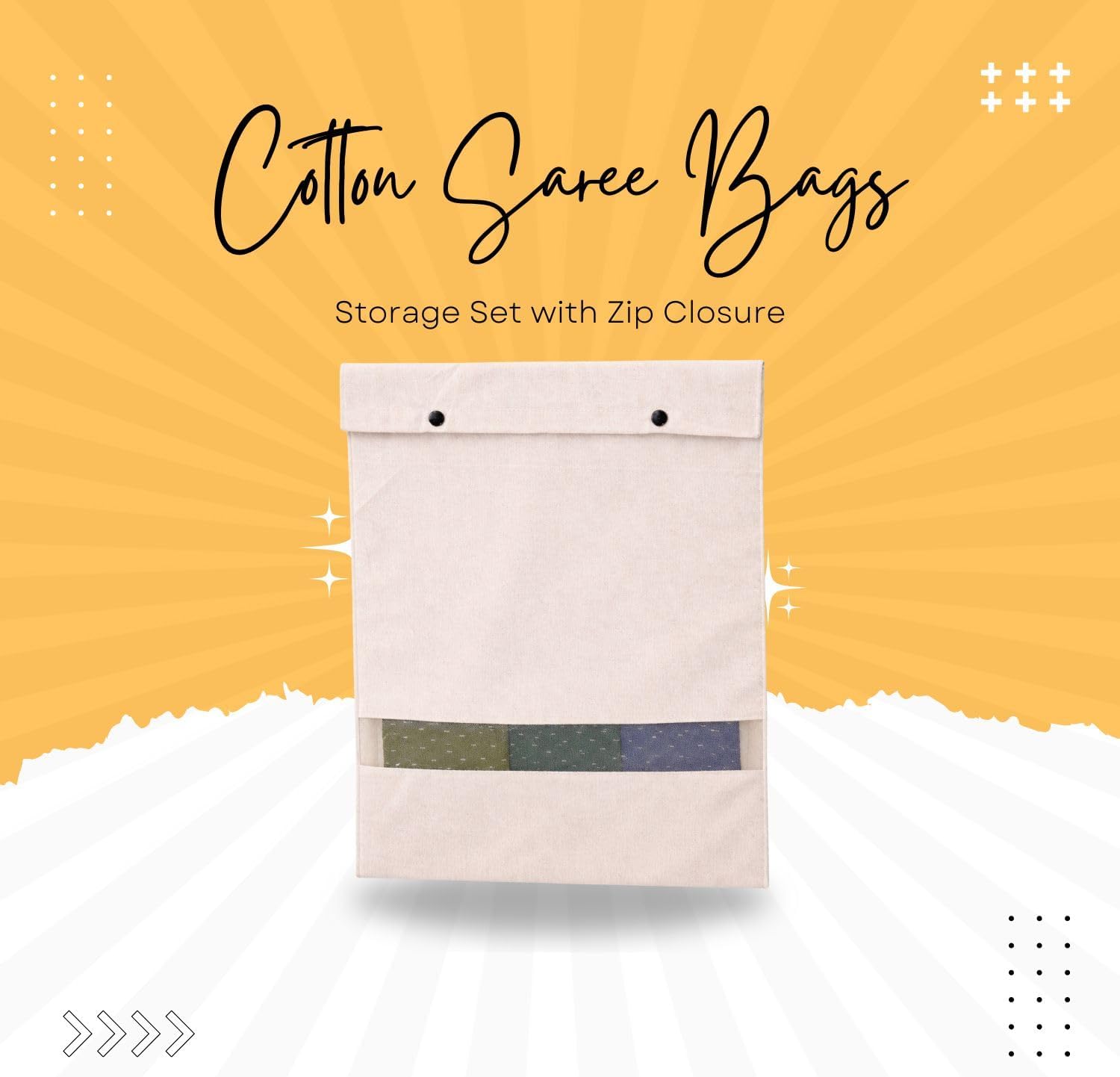 Mayatra's Cotton Saree Storage Bags with Zipper Closure and Transparent Mesh Window, 16 x 14 Inches, Pack of 12