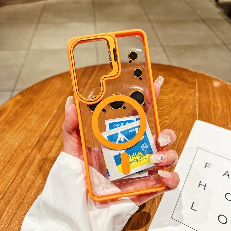 Image of LuxuryKase Clear Case Compatible with MagSafe for Samsung Galaxy S26 Ultra | Shockproof Transparent Cover with Camera Lens Protection | Metal Ring Stand & Wireless Charging Support - Orange