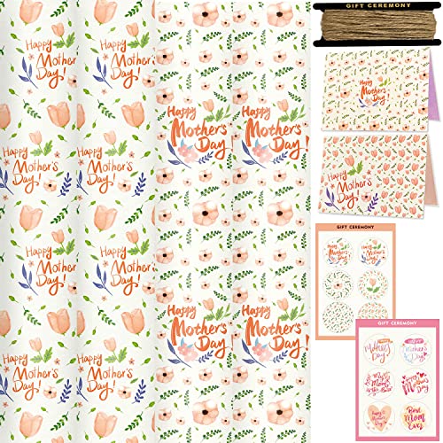 FullJoyHut Papel de Regalo Kraft para Día de la Madre y Cumpleaños del Mamá, incluye 4 Hojas Reciclable Papel de Regalo 70x50cm, 2 Día de la Madre Tarjeta, 12 Pegatinas para Día de la Madre Cover