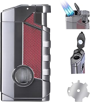 Refillable and Adjustable Flame Butane Torch Lighter,Windproof Triple Jet Flame Torch Lighter with Holder,Multi-Functional Lighter Accessory Premium Gift for Men