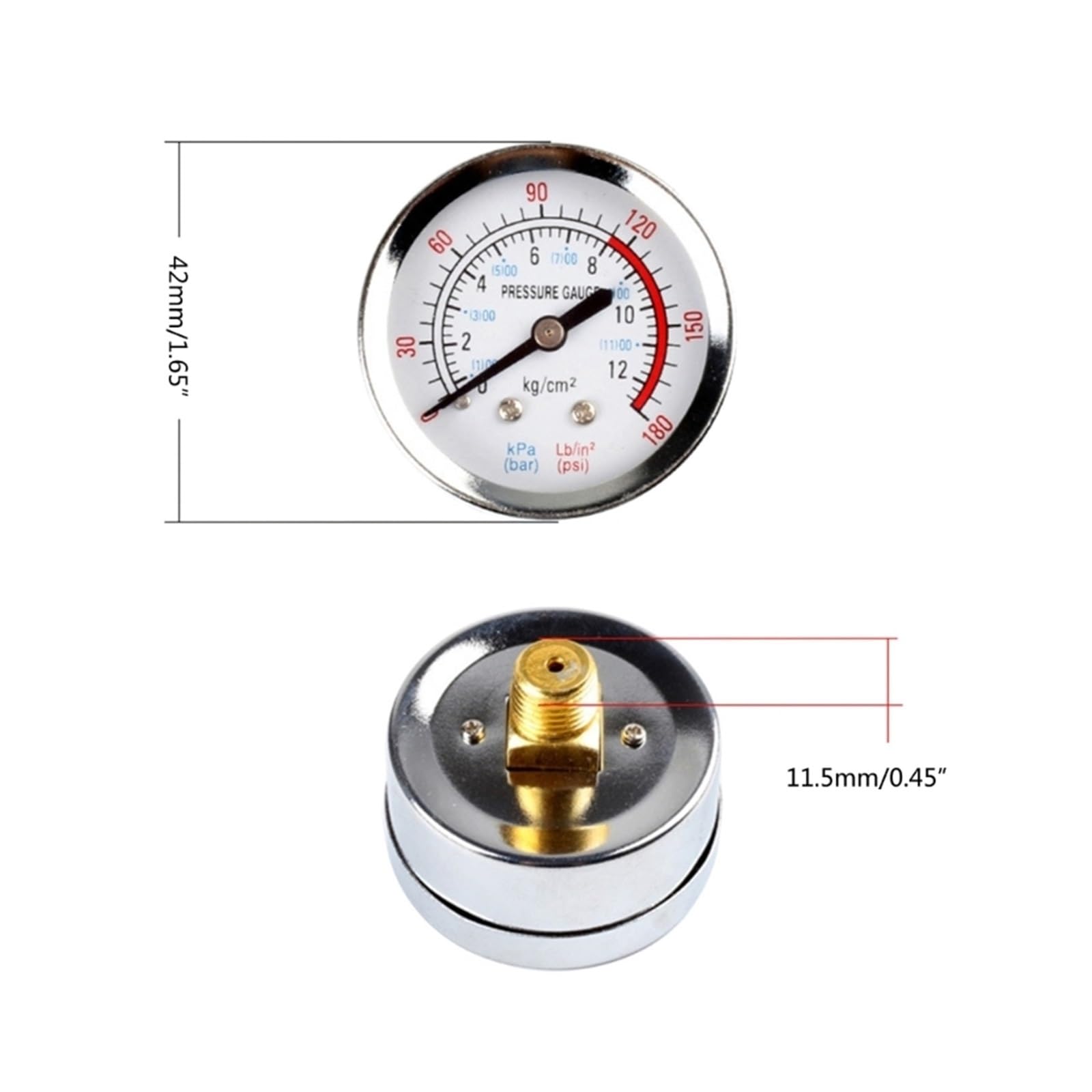 1/4"/1/8" Gewinde-Luftdruckmessgerät, Zifferblatttyp, Außengewinde, rundes Luftkompressor-Messgerät, 0–180 psi, 0–12 bar,Präzisionsmessung(1/4")