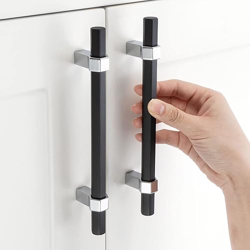 Miniatura 30 de Paquete de 5 tiradores de gabinete con agujero central de 5 pulgadas, manijas de gabinete en negro mate y níquel cepillado, accesorios de cocina