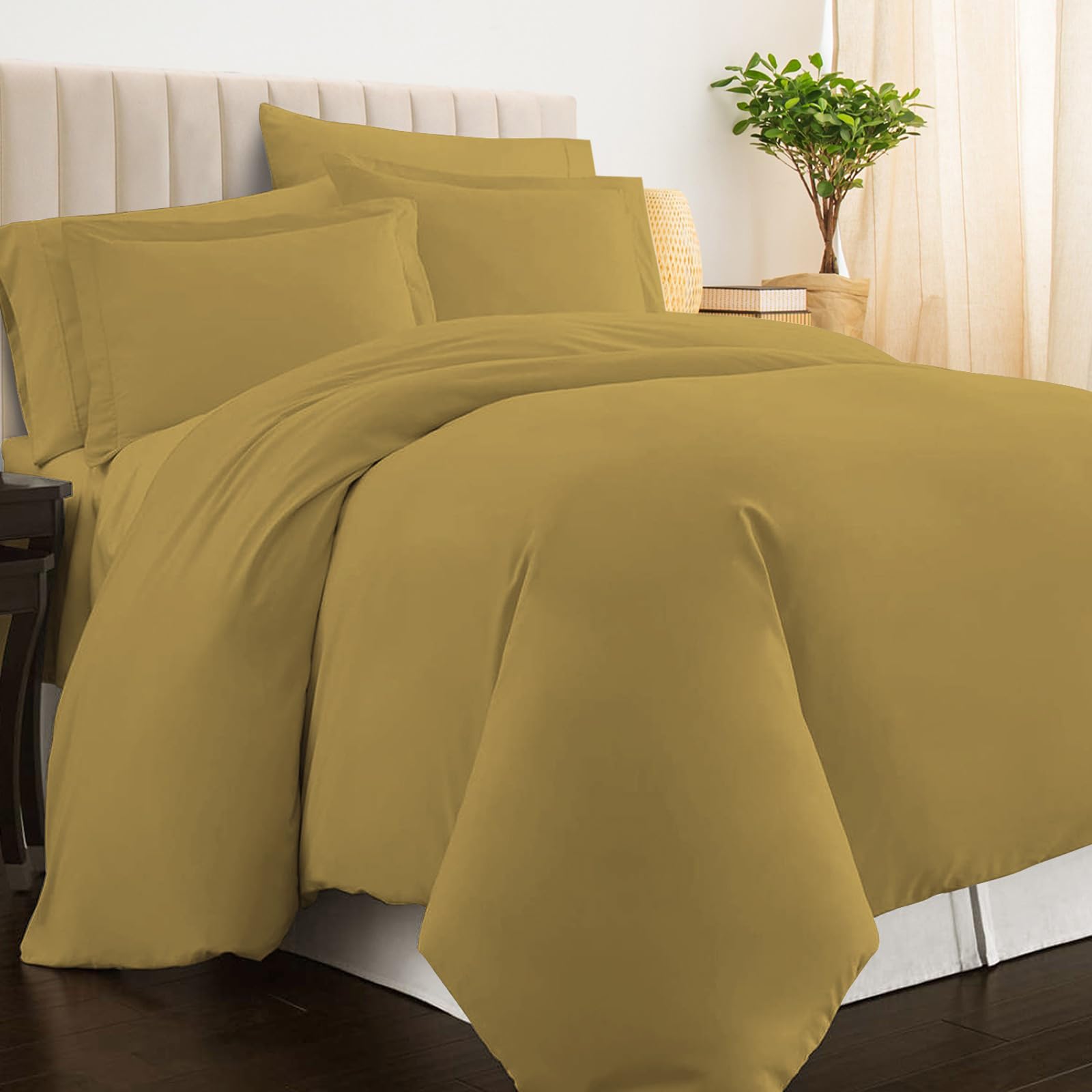 Pizuna Mustard Gold 100% Cotton Double Duvet Cover Set 400 Thread Count Long Staple Cotton Duvet Cover 200X200cm, Sateen Weave Quilt Cover With Button Closure (Double Duvet Cover Cotton)