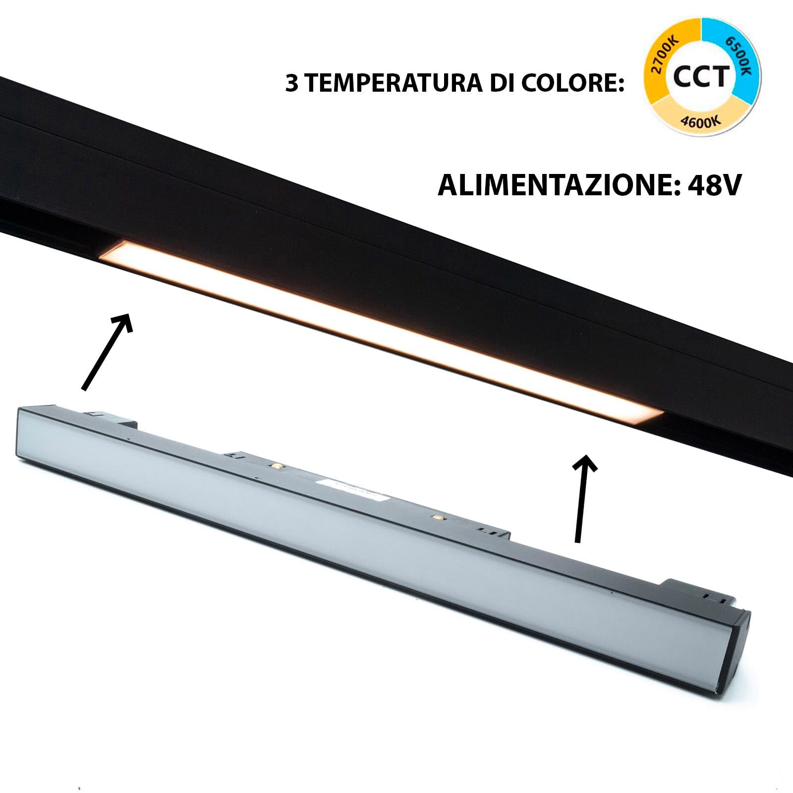Planetitaly Faretto track per binario magnetico 48V barra luminosa slim LED 10W CCT da 3000K a 6400K luce dimmerabile cucina ufficio negozio 30cm