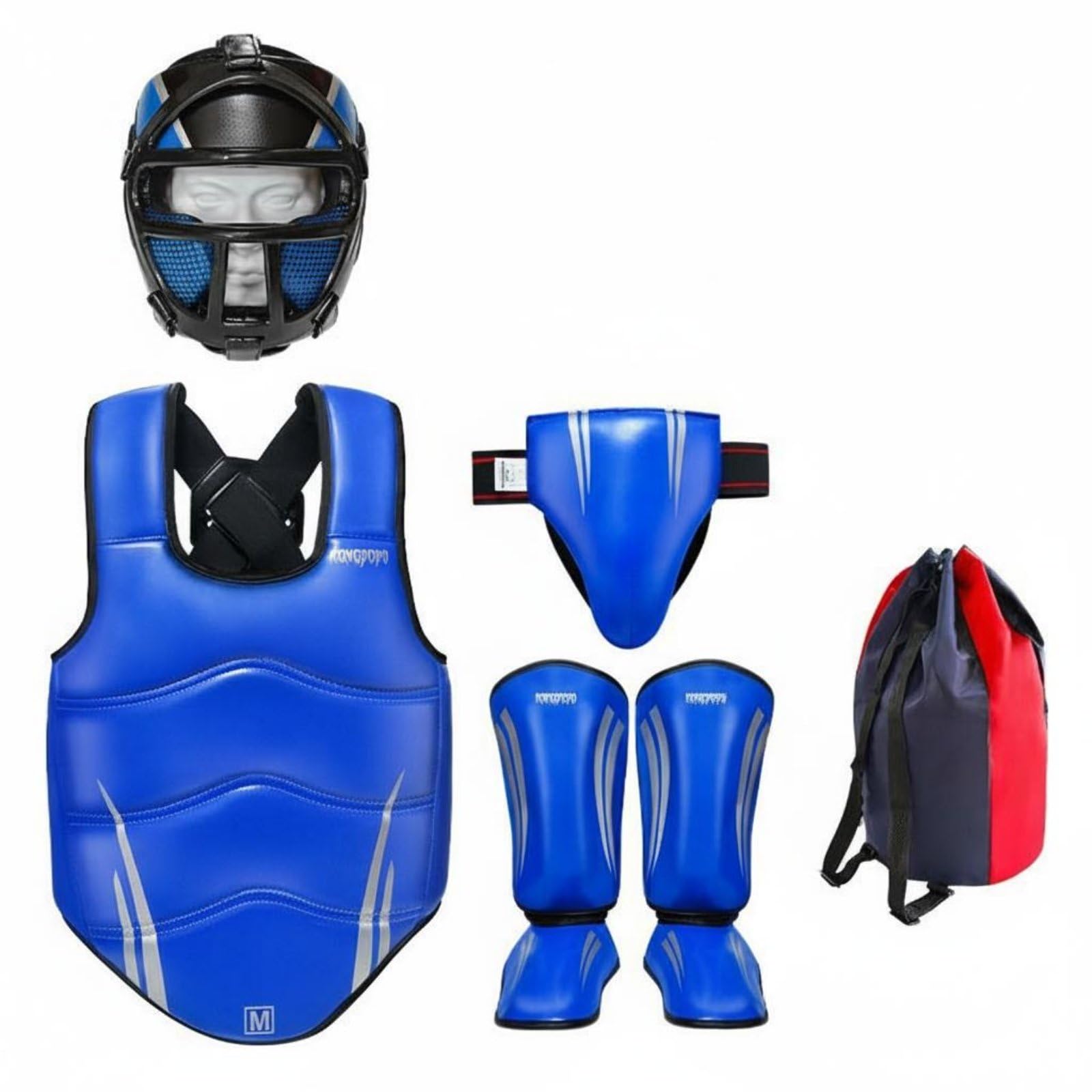 rockible 5 Pezzi Attrezzatura da Allenamento Combattimento Kit Protezioni Arti Marziali Casco Corpetto Parastinchi Parafianchi in PU con Imbottitura EVA Spessa