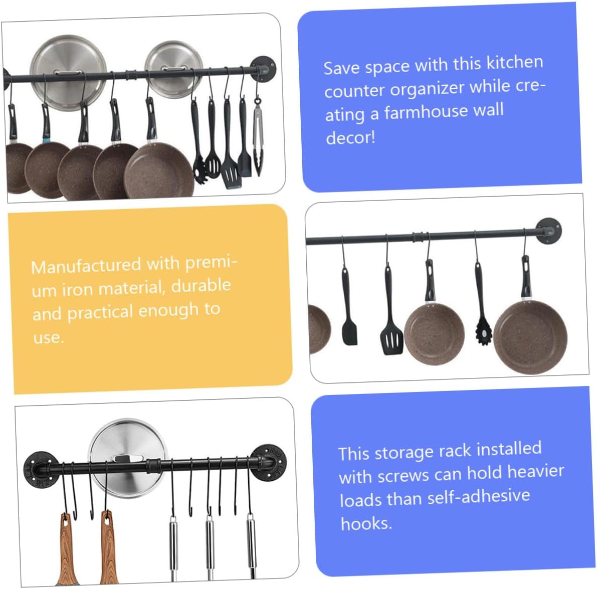 Wall-mounted Iron Pot Rack with Hooks 13x60cm Kitchen Hanging Pan Organizer and Utensil Holder Storage Rail for Cookware Organization