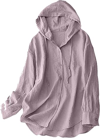 Womens Cotton Linen Hoodies Sun Protection Lightweight Beach Shirt Long Sleeve Button Down Sun Shirts Cover Ups