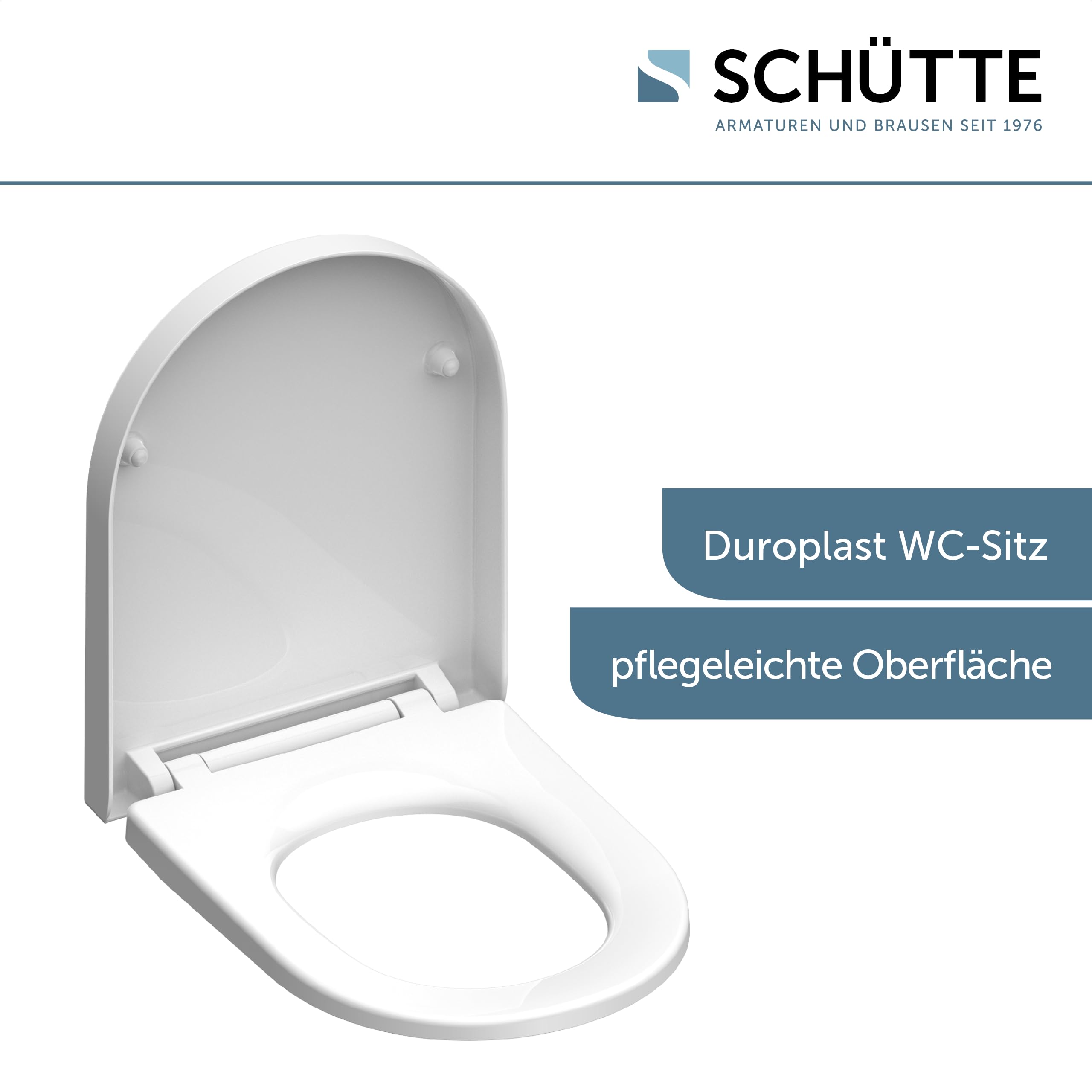 SCHÜTTE WC Sitz Duroplast D Form, Toilettensitz mit Absenkautomatik und Schnellverschluss für die einfache Reinigung, maximale Belastung der Klobrille 175 kg, Weiß 82910